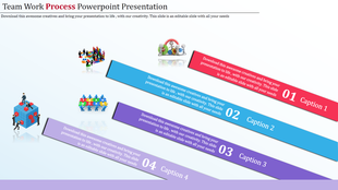 Teamwork process infographic with four slanted bars labeled Caption 1 to Caption 4, each in different colors.
