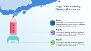 Infographic for online marketing strategies featuring a pencil graphic on the left, connected to three horizontal targets.
