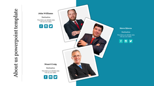 About Us PowerPoint slide featuring headshots of John Williams, Steve Kloves, and Stuart Craig with social media links.