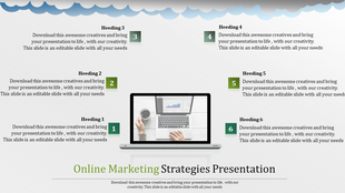 Online marketing strategy slide with six headings and a laptop displaying data analytics with placeholder text.