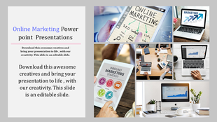 Online marketing slide with text on the left and a collage of images showcasing strategy, devices, and charts on the right.