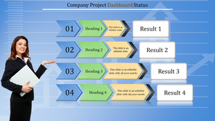 Slide with four numbered arrow shaped markers, matching results in white boxes, and a businesswoman holding documents.
