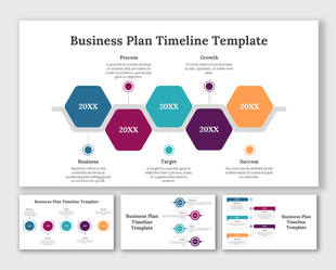 Business plan timeline slides with steps such as process, growth, target, and success with different colorful layout designs.