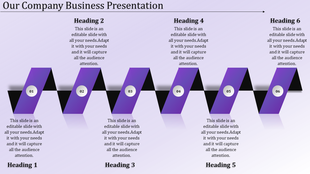 Six vertical purple ribbons with numbered circles and alternating black background shapes under headings.