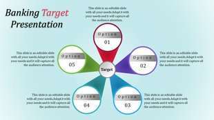 Circular target diagram with five arms extending outward, each labeled with options and numbers from 01 to 05.