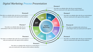 Colorful circular digital marketing process diagram with 8 processes numbered around a central text.
