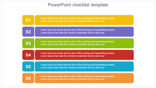 Colorful checklist with six numbered sections in yellow, purple, green, red, blue, and orange, arranged vertically.