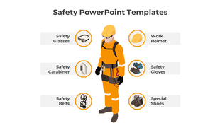 Safety equipment layout with a central worker in protective orange wear, surrounded by six labeled icons.