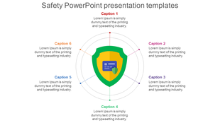 Safety-themed infographic with a central shield icon and six captions arranged in a circular layout around it.