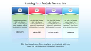 SWOT analysis slide with four colored boxes in blue, pink, purple, and teal, each containing text, on a gradient background.