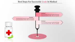 Medical slide featuring a syringe pointing to a target with three pink labels for headings and a medicine bottle with pills.