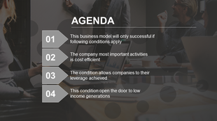 Agenda slide with a gray theme featuring numbers 01 to 04 and key business conditions outlined next to arrow shaped labels.