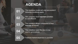 Agenda slide with gray arrow markers and a background of team discussion in an office in a dark theme.