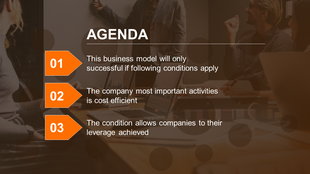 Agenda slide with a orange background, with numberes 1 to 3, and business related points listed next to arrow shaped labels.