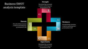 Infographic design for SWOT analysis with four distinct sections labeled S, W, O, and T in red, blue, orange, and green.