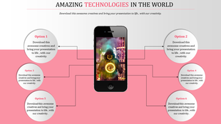 Technology slide with six circles containing options, connected to a smartphone image, set on a pink background.