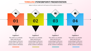 Timeline slide with four numbered steps in orange, yellow, teal, and blue squares, each paired with icons and descriptions.