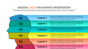 A business PowerPoint ideas slide showcasing a layered design with numbered sections, each with space for captions.
