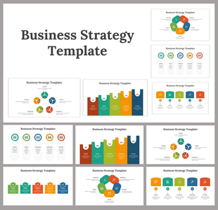 Collection of business strategy slides with vibrant colors and designs, featuring icons, numbered steps, and process charts.