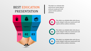 A colorful education PowerPoint template featuring three sections with icons and titles, shaped like a pencil.