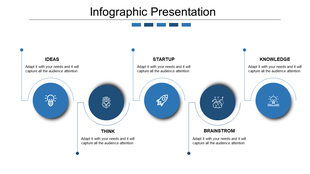 Blue themed infographic with five circular elements, connected by curved lines, on a clean white backdrop.