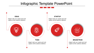 Infographic design featuring four red circles with icons, linked by curved lines, on a minimal white layout.