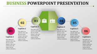 A business PowerPoint presentation slide showing six sections, each with an icon.