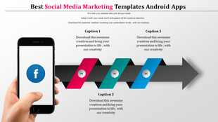 Social media marketing slide featuring a smartphone with a Facebook logo and a three-step arrow infographic.