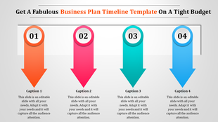 Business timeline slide with four vertical arrows in orange, pink, teal, and blue, each linked to captions.