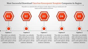 PowerPoint slide with a timeline design, featuring five numbered hexagons in red, labeled with captions.