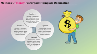 Gradient themed slide with cartoon-style illustration of a boy holding a big yellow money bag and four caption areas.