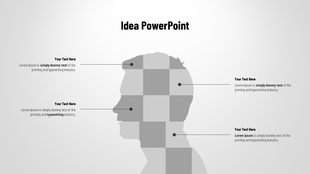 Idea slide with a human head silhouette divided into grid sections and four text placeholders pointing to it.