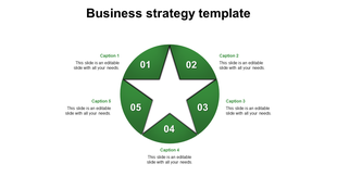 Slide featuring a star shaped layout with five green sections, each labeled with a number and space for captions.