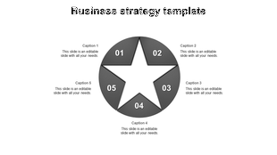 Business strategy PowerPoint template with a grey star shape and five caption sections on a white backdrop.