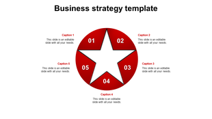 Business strategy template with a central star, surrounded by five red segments, each labeled with a number.