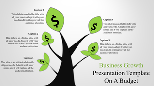 Business growth presentation template with a tree design featuring dollar sign leaves symbolizing financial growth.