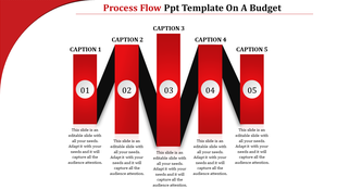 Red process flow PowerPoint template with five stages, each representing different steps with captions.