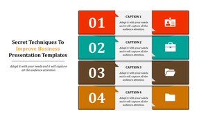 Business slide featuring four sections in red, teal, brown, and orange, labeled with captions and relevant icons.