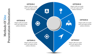 Infographic shaped like a blue location pin, divided into six sections with icons and captions, on a white background.