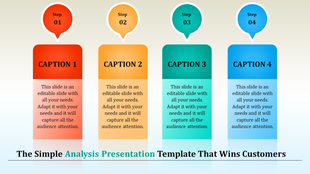 Analysis template design featuring four steps with colored captions and numbered markers in red, orange, teal, and blue.