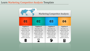 Marketing competitor analysis template featuring four colored sections,  with icons, and placeholder text under a world map.