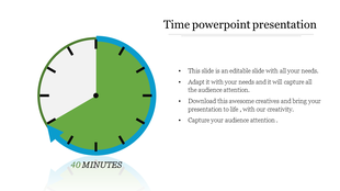 A time themed PowerPoint slide featuring a clock with a 40 minute time frame and captions.