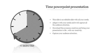 Time PowerPoint slide showing a grey clock at 40 minutes with the title with placeholder text.