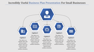 Hexagonal infographic with a central icon connected to five blue hexagons labeled with captions, on a gray background.