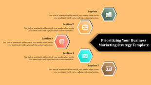 Business strategy infographic with five hexagonal icons like green building to brown server.