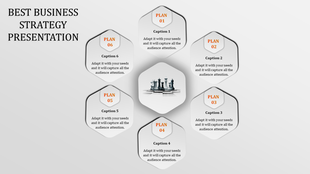 A business strategy presentation slide with nine plans and corresponding captions in hexagonal shapes.