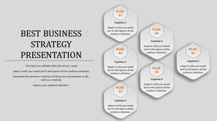 Hexagonal business strategy template with plans numbered 01 to 06, aligned across two columns with captions.