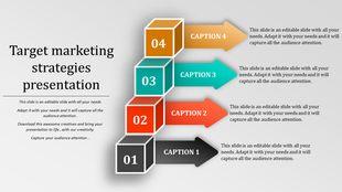 Diagram of a target marketing strategies slide featuring colorful numbered steps and captions.