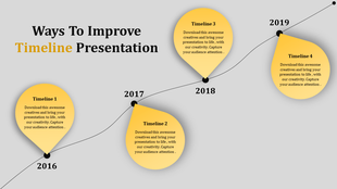 Four point timeline infographic with yellow markers for 2016 to 2019, showing milestones connected by a curved line.