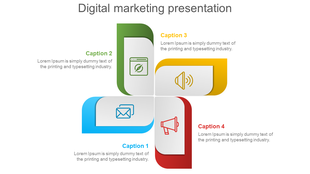 Digital marketing PowerPoint template with four colored sections and icons with placeholder text.